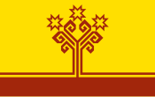 Flag with a stylized red tree on a gold background