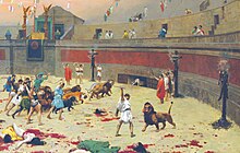 The various spectacles in which the Romans used lions, tigers and other beasts required well-trained personnel to tame, as well as fight, the animals (painting by Jean-Leon Gerome, 1902) Gerome - La rentree des felins, 1902.jpg