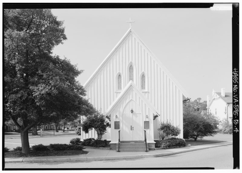 File:GENERAL PERSPECTIVE VIEW OF EAST (FRONT) AND NORTH SIDE ELEVATIONS, LOOKING SOUTHWEST - Fort Monroe, Chapel of the Centurion, Off Ruckman Road, Hampton, Hampton, VA HABS VA,28-HAMP,2B-4.tif