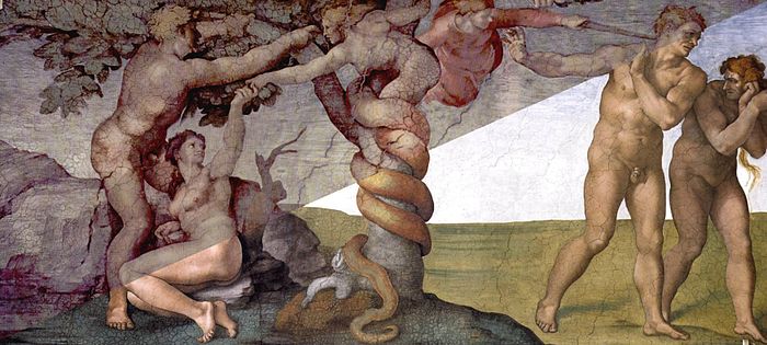 A composite image of The Fall and Expulsion of Adam and Eve by Michelangelo. The upper left is shown unrestored, the lower right is shown restored.