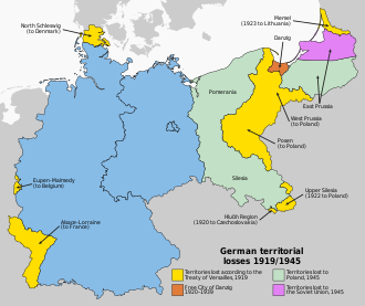Territorial losses of modern Germany 1919-1945 German territorial losses 1919 and 1945.svg