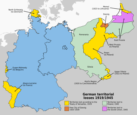 Perdas territoriais da Alemanha entre 1919 e 1945. No extremo nordeste do mapa aparece a Prússia Oriental.