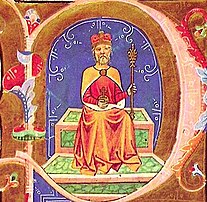 Na iluminaci je ve středu zobrazen muž s červenou korunou na hlavě sedící na trůnu, v levé ruce drží žezlo, v pravé ruce pak drží jablko.