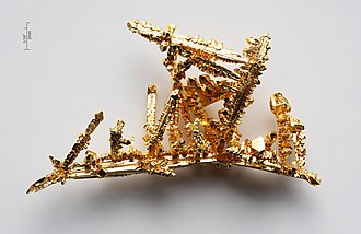 Gold crystals grown by chemical transport using chlorine as the transport agent. Gold-crystals.jpg