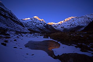 Morning view of Annapurna I South Face from Annapurna Base Camp