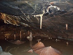 Dunkelbraunes Höhleninnere mit Wasser. Ein weißer vertikal hängender Stalagmit über einem braunen Hügel auf dem Höhlenboden.