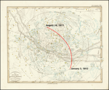 1840 celestial map showing the trajectory of the comet between August 1811 and January 1812