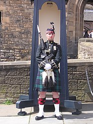 一名皇家蘇格蘭軍團的衛兵正守備愛丁堡城堡，攝於2006年。皇家蘇格蘭軍團的蘇格蘭裙同樣採用了「政府格紋」（黑衛士格紋），但現代的「政府格紋」在用色上與18世紀已有一定差異。注意士兵在蘇格蘭無簷帽（英語：Glengarry）穿戴的黑色公雞毛。