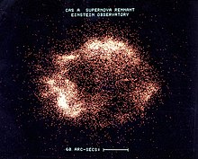 Photo of supernova remnant Cassiopeia A, taken by the first imaging X-ray telescope, Einstein Observatory. HEAO-2 Image of the Supernova Remnant Cassiopeia A Taken by the High Energy Astronomy Observatory 8003547.jpg