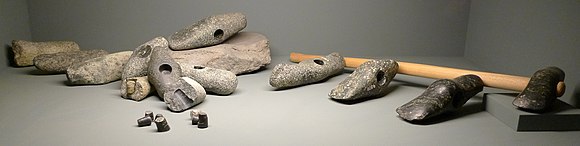 Axe heads found at a 2700 BC Neolithic manufacture site in Switzerland, arranged in the various stages of production from left to right