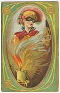 Postcard which depicts a young woman wearing a mask.