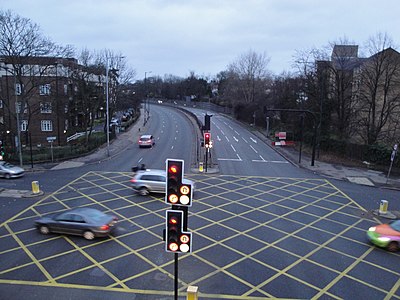 Intersection of Brent Street and Golders Green Road, viewed from a footbridge in Hendon
