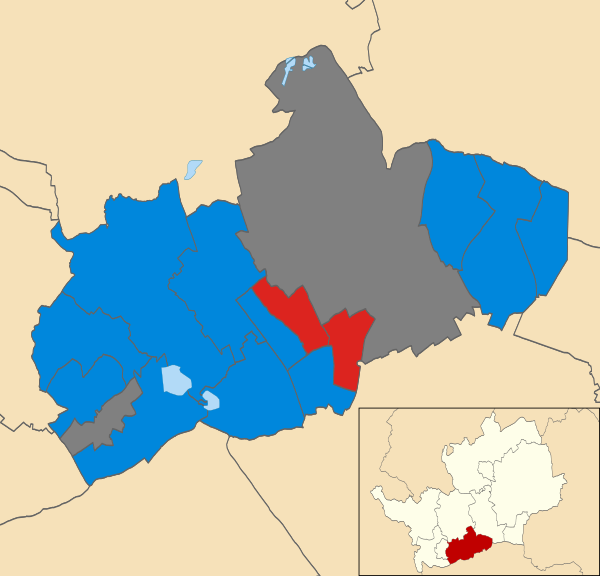 Map of the results of the 2011 Hertsmere council election. Conservatives in blue and Labour in red. Wards in grey were not contested in 2011.