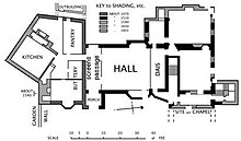 Plan of Horham Hall, including a screens passage, leading from the entrance porch; a dais; a bay window. The main staircase is at the dais end, and the hall was the full height of the two-storey house HorhamHall.jpg