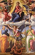 因諾琴佐·達·伊莫拉（英語：Innocenzo da Imola）的《榮光中的聖母與四位天使、大天使米迦勒以及聖彼德及聖本篤》（Madonna in gloria e tre santi），395 × 238cm，約作於1521－1522年。[21]