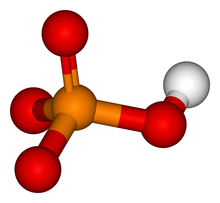 Above is a ball-and-stick model of the inorganic phosphate molecule (HPO4 ). Colour coding: P (orange); O (red); H (white). Inorganic-phosphate-3D-balls.png