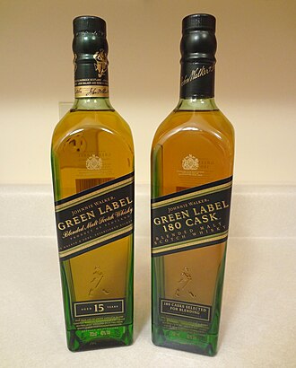 Bottles of Johnnie Walker blended malt whiskies JW Greens.jpg