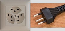 Type J: The 10 ampere SN 441011 type 13 socket (here: a triple socket) and type 12 plug J plug - 1.jpg