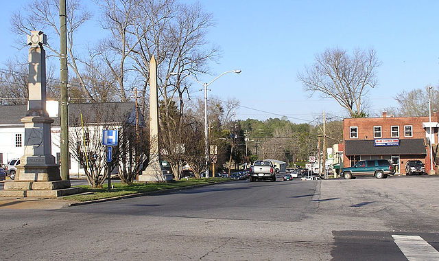 View towards the east side of the square showing the Confederate Memorial and the highway leading to Commerce, Georgia