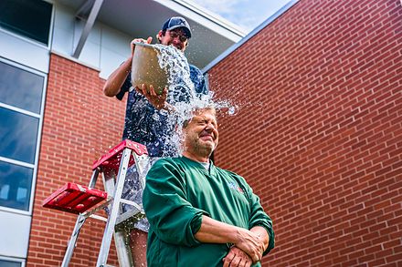 Green Bay local radio and TV personality John Maino performs the ALS Ice Bucket Challenge.
