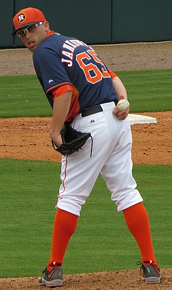 Jordan Jankowski pitching untuk Houston Astros di tahun 2015 musim Semi Pelatihan (1) (Dipotong).jpg