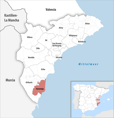 Die Lage des Gerichtsbezirk Torrevieja in der Provinz Alicante