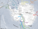 Kart over rutene for noen tidlige antarktisekspedisjoner.