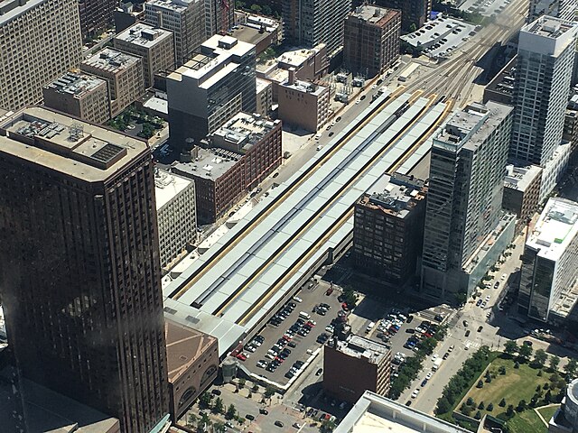 The Chicago Stock Exchange/LaSalle Train Station as viewed from the Willis (Sears) Tower in July 2019