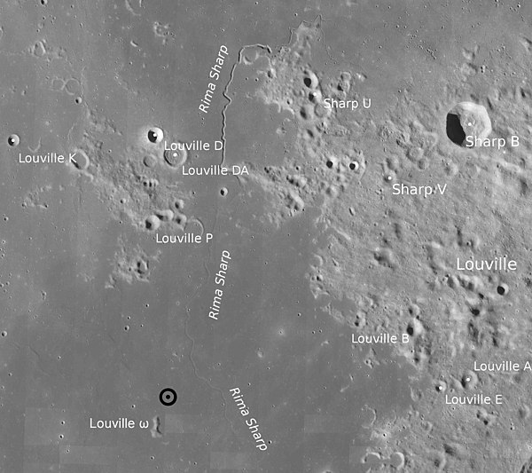 Landing site of Chang'e 5 near the Louville Omega hill (Louville ω, from the nearby Louville crater)