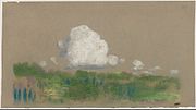 Landscape with Clouds, pastel and black chalk on green-gray wove paper (15.6 x 26.8 cm)
