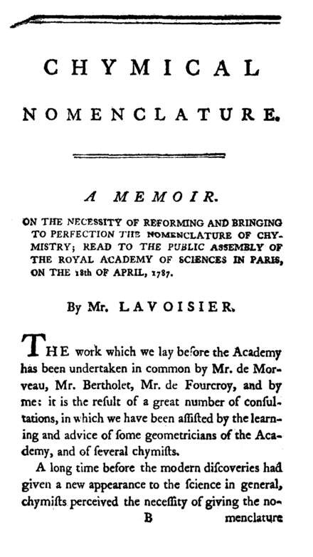 First page of Lavoisier's Chymical Nomenclature in English.