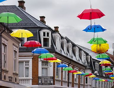 Umbrellas hanging over a street in Viborg, Denmark