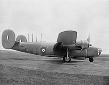 A Royal Air Force Liberator Mark I (serial AM910) on the ground following conversion as an anti-submarine aircraft by Scottish Aviation Ltd, AM910 joined No. 120 Squadron at Nutts Corner, County Antrim, Northern Ireland (UK), as "OH-M" Liberator I RAF with ASV radar 1941.jpg