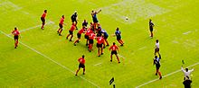 The usual position of players at a line-out just after the ball has been thrown in. Lineout-WvF-2004.jpg