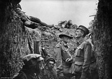 Soldiers from the Australian Imperial Force in a trench at Lone Pine, during the Gallipoli Campaign, 1915 Lone Pine (AWM A02025).jpg