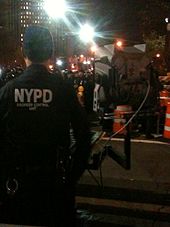 NYPD with an LRAD unit near the Brooklyn Bridge during the arrests on the evening of November 17 Long Range Acoustic Device 500X in New York City.jpg
