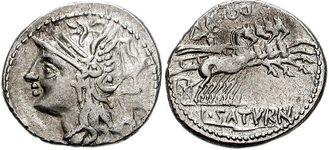 Coin of Lucius Appuleius Saturninus, depicting Roma