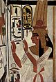 In this image from History of clothing and textiles, Queen Nefertari is dressed in the sheer pleated linen worn by the upper classes in Ancient Egypt.