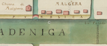 Marghera nel 1779: si notano la fossa Gradeniga (attuale canal Salso) e la Palada, uno sbarramento che costringeva i natanti a passare per una dogana.