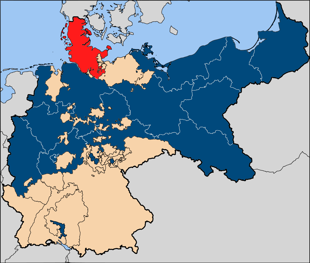 Rot: Lage der Provinz Schleswig-Holstein in Preußen (blau)