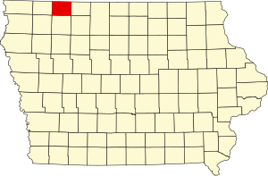 Kaart van Iowa met de nadruk op Dickinson County