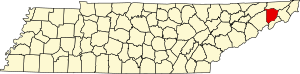 Mapa Tennessee zvýrazňující Washington County
