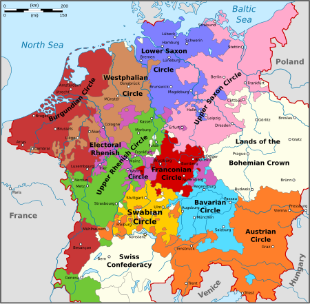 Imperial Circles, pre-1648; note Burgundian Circle at top, later split into Dutch Republic and the Spanish Netherlands Map of the Imperial Circles (1560)-en.svg