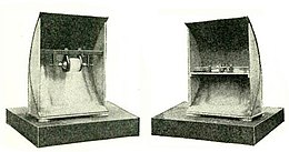 1.2 GHz microwave spark transmitter (left) and coherer receiver (right) used by Guglielmo Marconi during his 1895 experiments had a range of 6.5 km (4.0 mi) Marconi parabolic xmtr and rcvr 1895.jpg