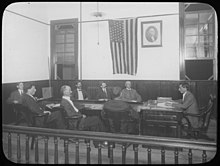 A political meeting in Woodbine c. 1890s Men in meeting, Woodbine, NJ (4254191568).jpg