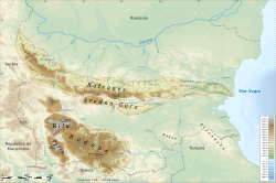 Topographic map of Bulgaria highlighting the main mountain ranges MontanasDeBulgaria.svg