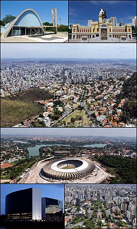 A partir do topo, em sentido horário: Cidade Administrativa de Minas Gerais; Igreja São Francisco de Assis (na Pampulha); panorama geral da cidade; Praça Rui Barbosa e estádio Mineirão.