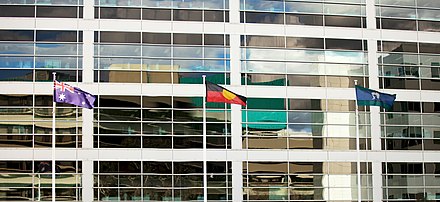 From left to right, the Australian flag, Aboriginal flag and Torres Strait Islander flag