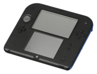 The Nintendo 2DS in the Blue and Black color, showing the top and bottom screens.