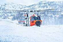 A Norwegian Leonardo AW101 SAR Queen helicopter, 2024 Norwegian Air Force Leonardo AW101 SARQueen Helicopter at Adneram Helipad.jpg